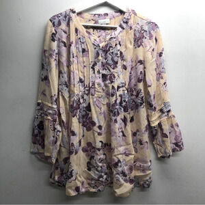 J. Jill Yellow & Purple Floral Pleated Bohemian Tunic Blouse Size XS